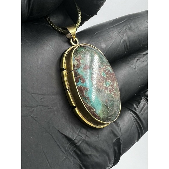 Natural Turquoise Pendant Metal Brass Handmade With Rope - Picture 2 of 11